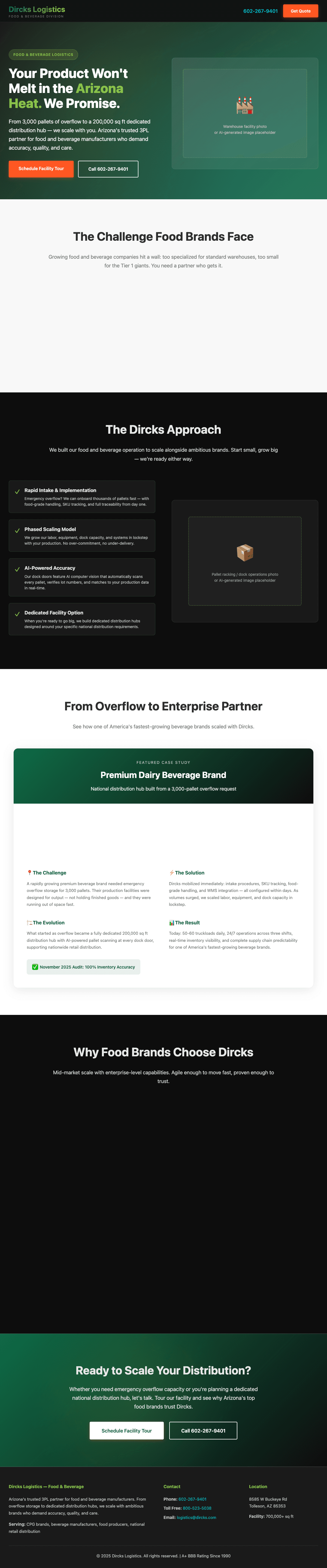 Dircks Food & Beverage vertical landing page
